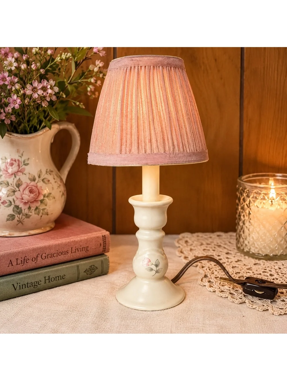 Vintage Pfaltzgraff Ceramic Accent Lamp Pink Floral Mini Table Lamp With Shade